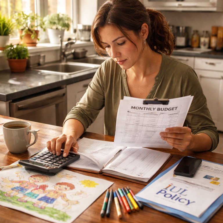 A photorealistic scene of a single parent reviewing a budget spreadsheet at a kitchen table, with a child’s drawing nearby, emphasizing financial planning for an IUL policy on a limited budget. Alt: Single parent assessing family financial needs for IUL policy