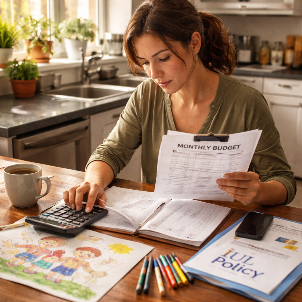 A photorealistic scene of a single parent reviewing a budget spreadsheet at a kitchen table, with a child’s drawing nearby, emphasizing financial planning for an IUL policy on a limited budget. Alt: Single parent assessing family financial needs for IUL policy