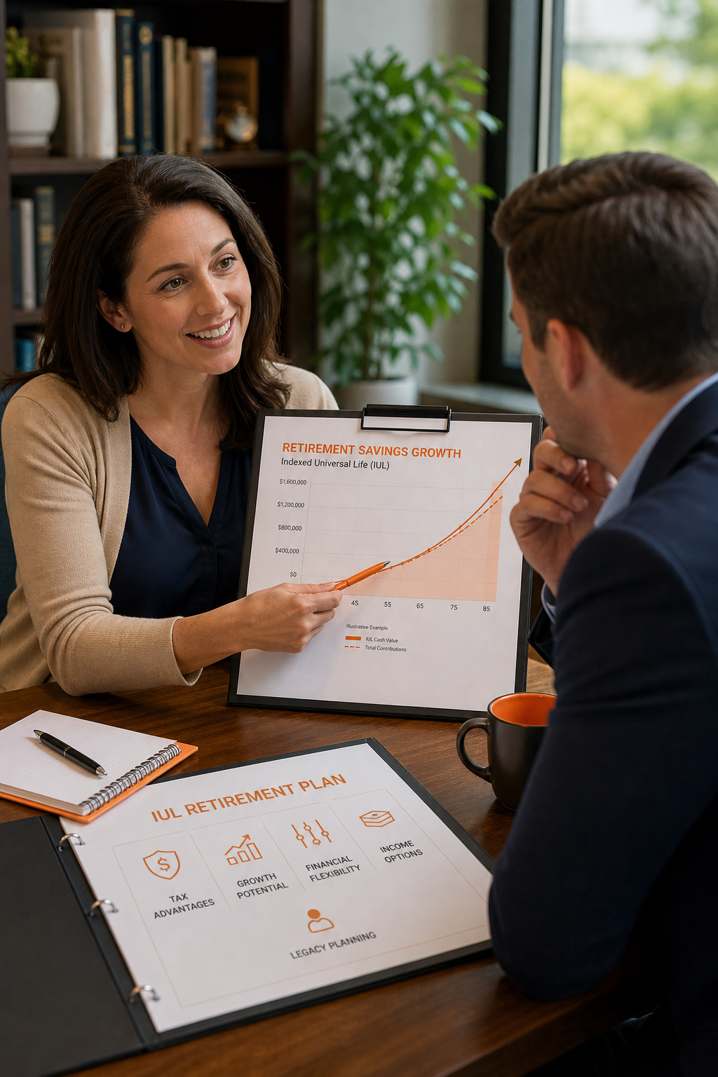 A smiling teacher in a classroom with a financial planner, pointing to a graph showing retirement savings growth. Alt: Teacher reviewing IUL retirement plan with advisor.