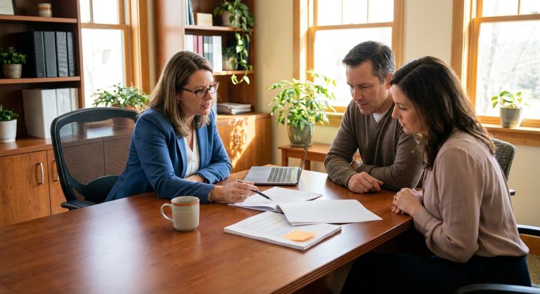 A photorealistic image of a financial advisor sitting across a wooden desk from a couple in their 40s, reviewing printed insurance documents together in a bright, warmly lit office. Papers, a coffee mug, and a laptop are on the desk. Alt: Independent insurance advisor helping a couple compare IUL vs whole life retirement benefits.