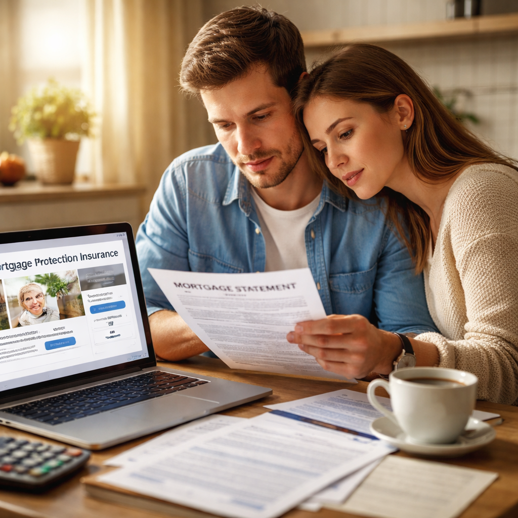 A photorealistic scene of a young couple sitting at a kitchen table, reviewing a mortgage statement and a laptop screen showing a mortgage protection insurance quote, soft natural lighting, realistic textures. Alt: mortgage protection insurance coverage for first-time homebuyers.