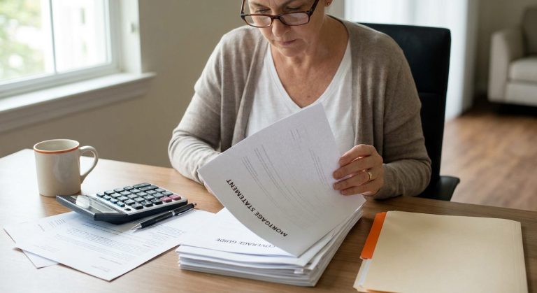 A realistic illustration of a homeowner reviewing a mortgage statement on a desk, with calculator and paperwork spread out. Alt: mortgage protection coverage calculation guide