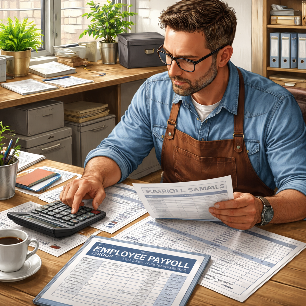 A realistic illustration of a small business owner reviewing employee payroll and health insurance documents, showing a calculator and spreadsheets. Alt: group health insurance tax credit eligibility small business illustration.