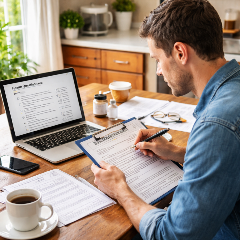 A realistic illustration of a person reviewing medical paperwork at a kitchen table, with a laptop showing a health questionnaire. Alt: person assessing health history for mortgage protection insurance.