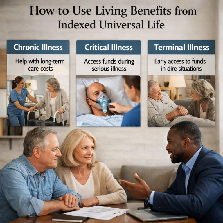 A photorealistic image related to how-to-use-living-benefits-from-indexed-universal-life. Alt: how-to-use-living-benefits-from-indexed-universal-life