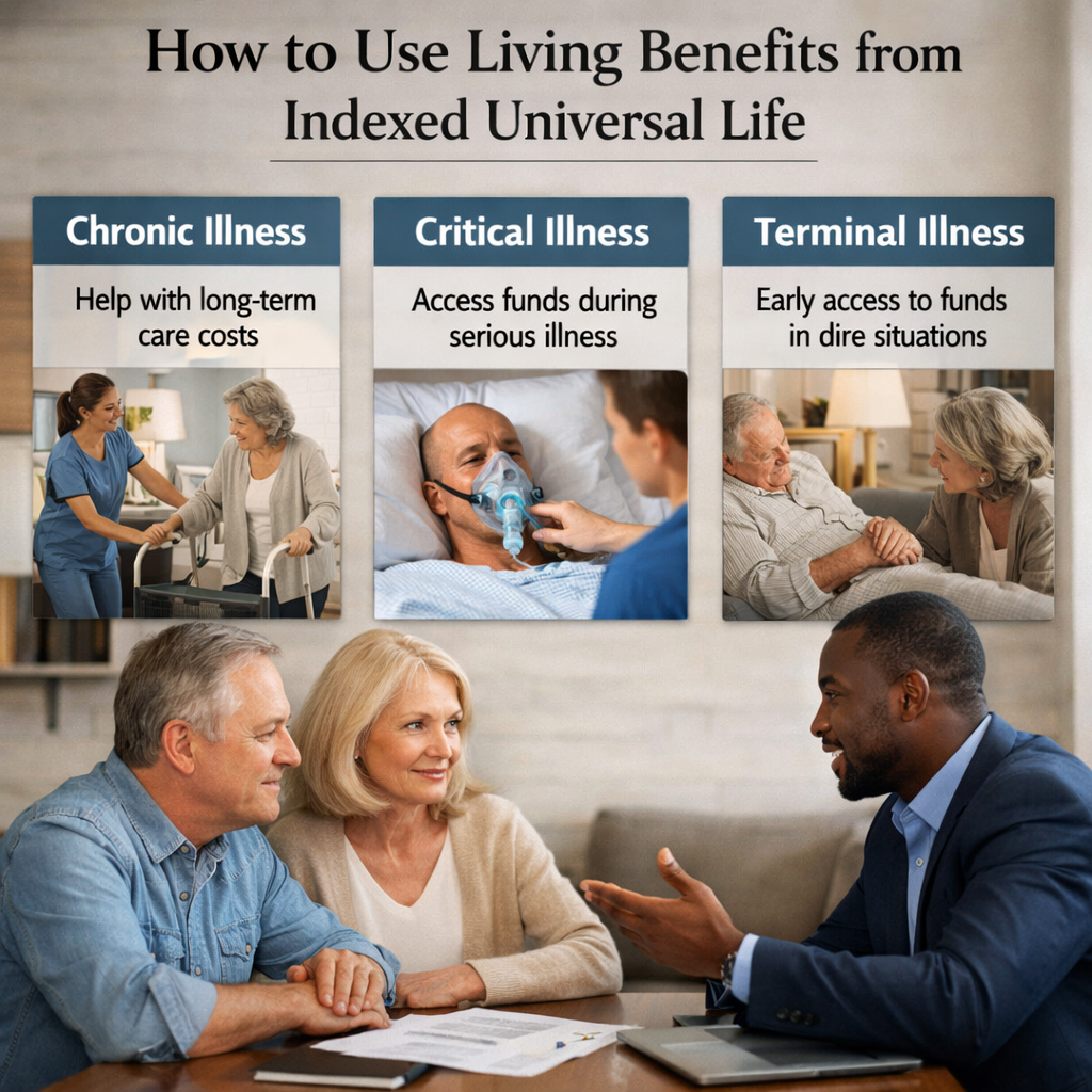 A photorealistic image related to how-to-use-living-benefits-from-indexed-universal-life. Alt: how-to-use-living-benefits-from-indexed-universal-life