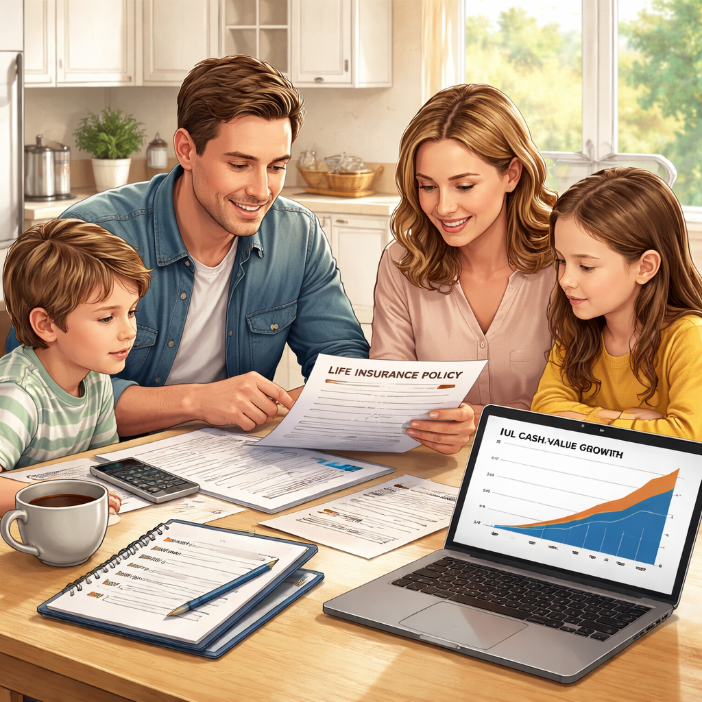 A realistic illustration of a family sitting at a kitchen table with policy documents, a laptop showing an IUL cash‑value chart, and a notebook with a checklist. Alt: "family reviewing indexed universal life policy details".