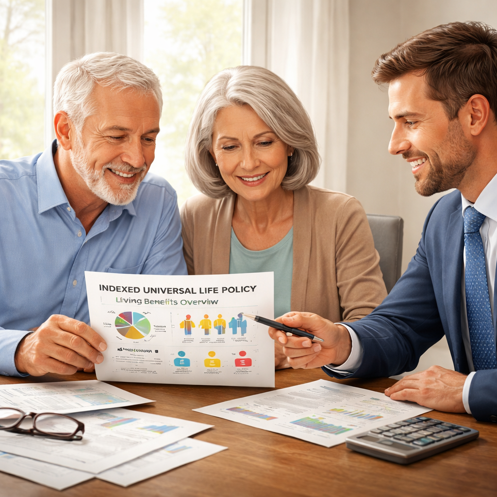 A realistic illustration of a senior couple reviewing an indexed universal life policy document with a financial advisor, showing charts and benefit options. Alt: indexed universal life living benefits overview