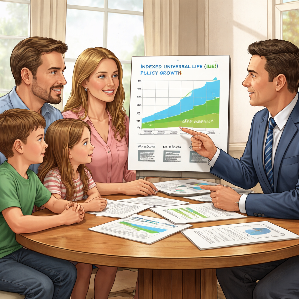 A realistic illustration of a family sitting at a table with a financial planner, showing charts of IUL cash value growth and death benefit, Alt: indexed universal life policy illustration for families