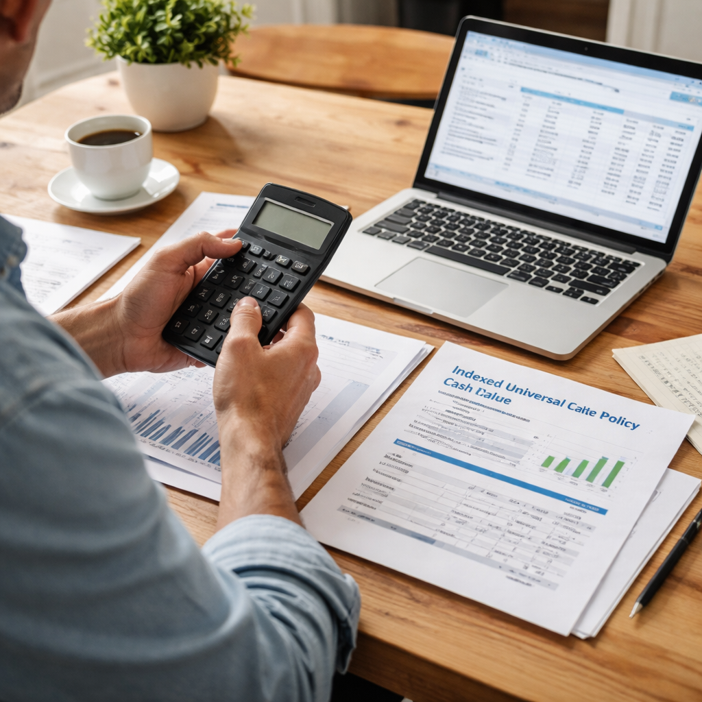 A realistic scene of a person at a kitchen table with policy documents, calculator, and a laptop, Alt: indexed universal life cash value calculator planning session