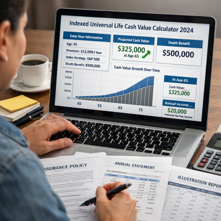 A realistic illustration of a person sitting at a desk, reviewing an indexed universal life calculator on a laptop screen, with policy documents spread out. Alt: indexed universal life cash value calculator 2024 visual guide