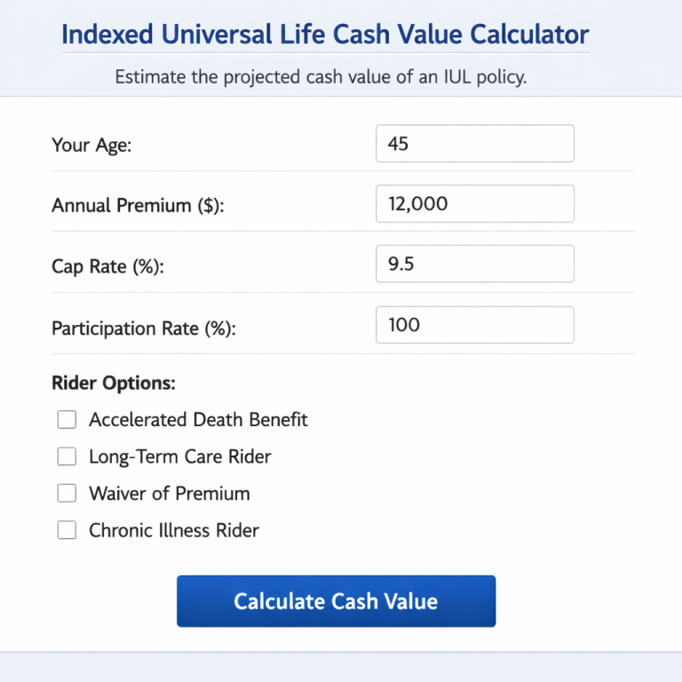 A realistic view of a web form for an indexed universal life cash value calculator, showing fields for age, premium, cap, participation rate, and rider options. Alt: indexed universal life cash value calculator free input screen