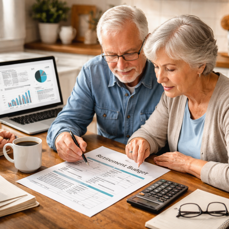 A realistic illustration of a senior couple reviewing a retirement budget worksheet at a kitchen table, with a laptop showing charts and a cup of coffee. Alt: indexed universal life retirement budgeting guide