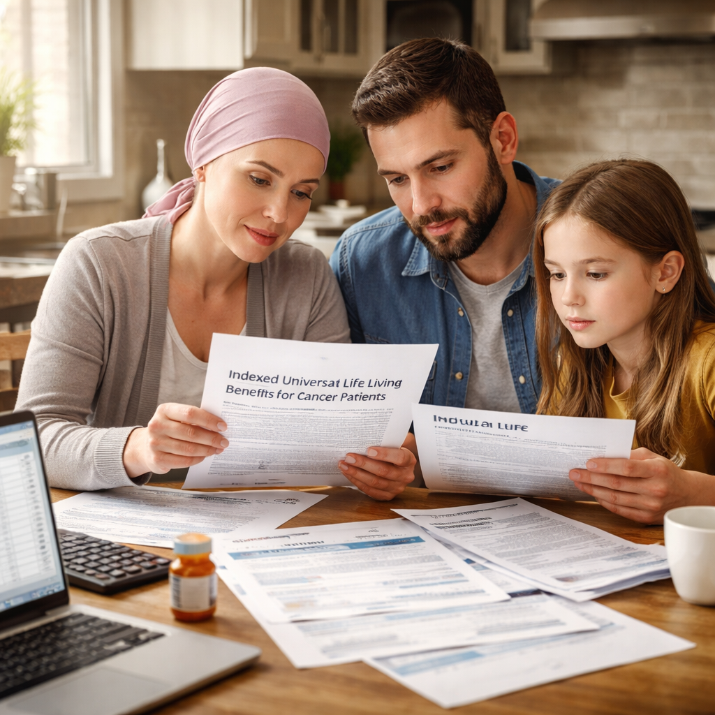 A photorealistic illustration showing a family reviewing insurance documents at a kitchen table, with medical bills and a laptop open, representing financial planning during health challenges. Alt: indexed universal life living benefits for cancer patients document review