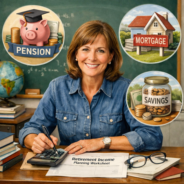 A realistic illustration of a teacher sitting at a desk with a calculator, surrounded by icons representing pension, mortgage, and savings. Alt: teacher retirement income planning worksheet