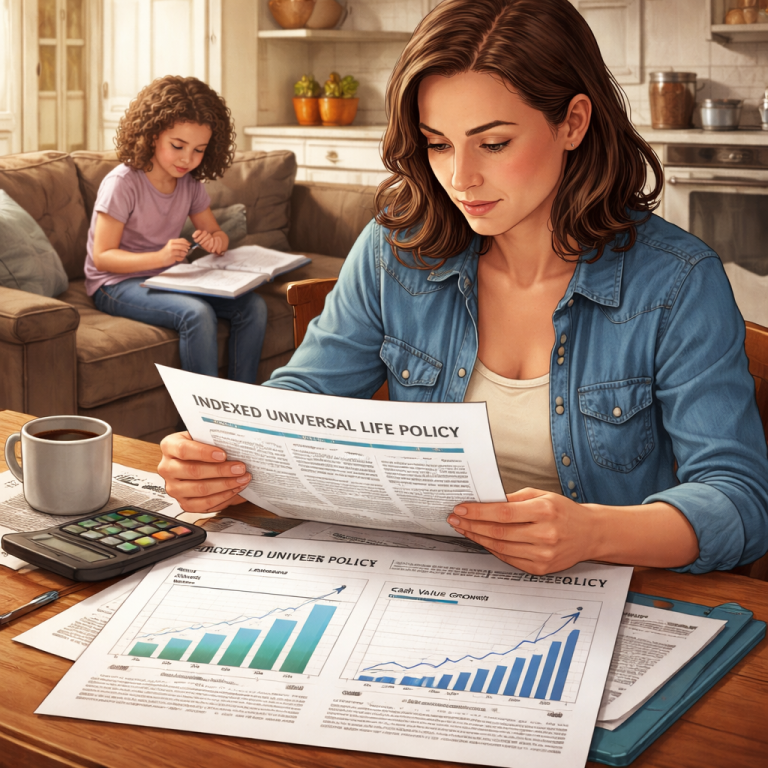 A realistic illustration of a single parent reviewing an indexed universal life policy document on a kitchen table, with charts showing cap rates and cash value growth. Alt: indexed universal life single parent coverage illustration