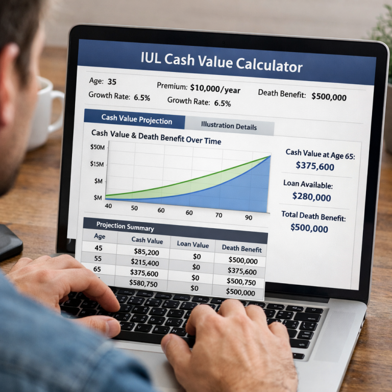 A realistic illustration of a person sitting at a laptop, looking at an IUL cash value calculator screen, with charts and numbers visible. Alt: IUL cash value calculator online visual guide