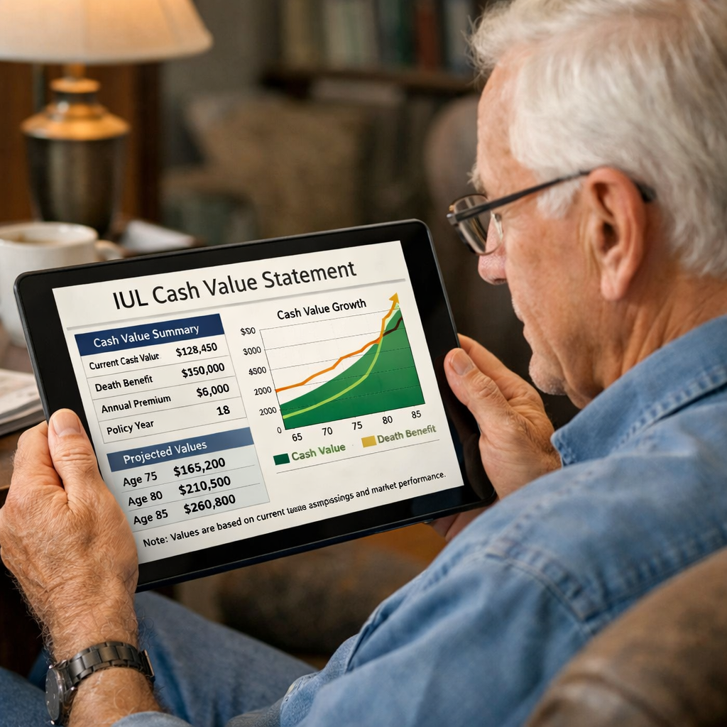 A realistic illustration of a retiree reviewing an IUL cash value statement on a tablet, showing numbers and charts. Alt: IUL cash value calculation for retirees