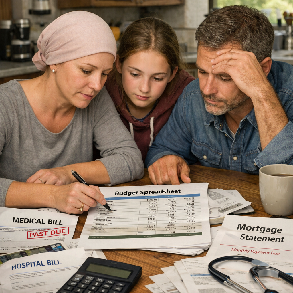 A realistic illustration of a family at a kitchen table reviewing a budget spreadsheet, with medical bills and mortgage statements visible. Alt: living benefits life insurance budgeting for cancer survivors