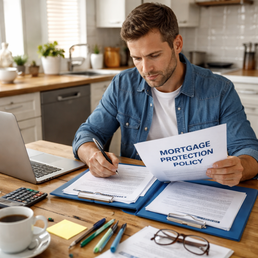 A realistic photo of a homeowner sitting at a kitchen table with a folder of mortgage paperwork, pens, and a laptop. Alt: mortgage protection policy documents organized for claim filing