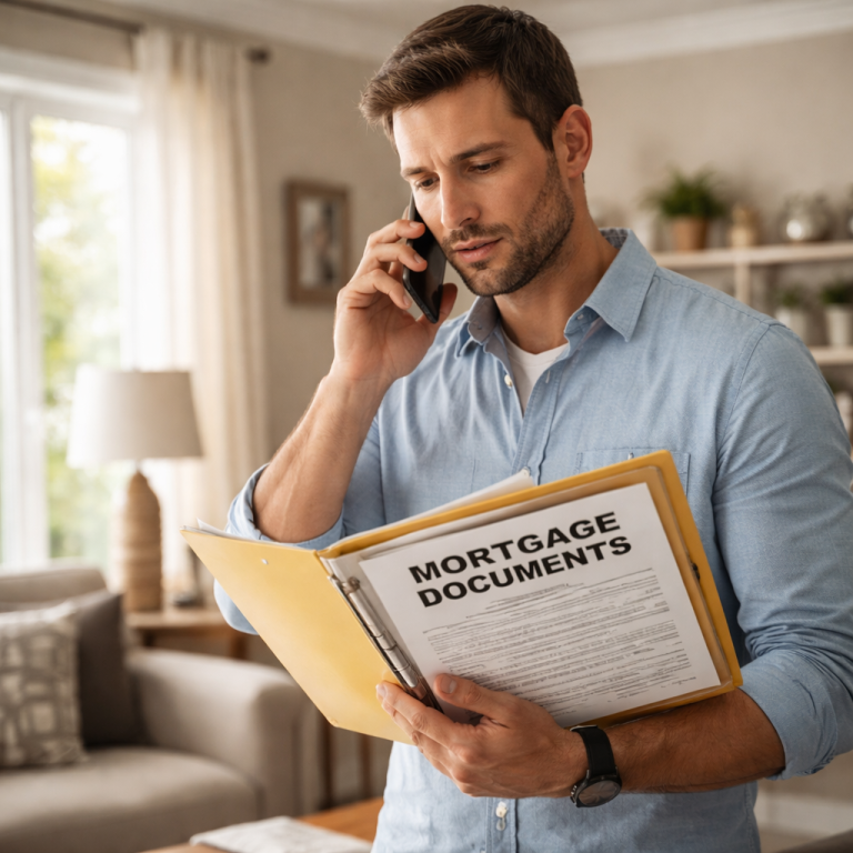 A realistic scene of a homeowner on the phone with an insurance representative, holding a folder of mortgage documents. Alt: mortgage protection insurance claim notification step