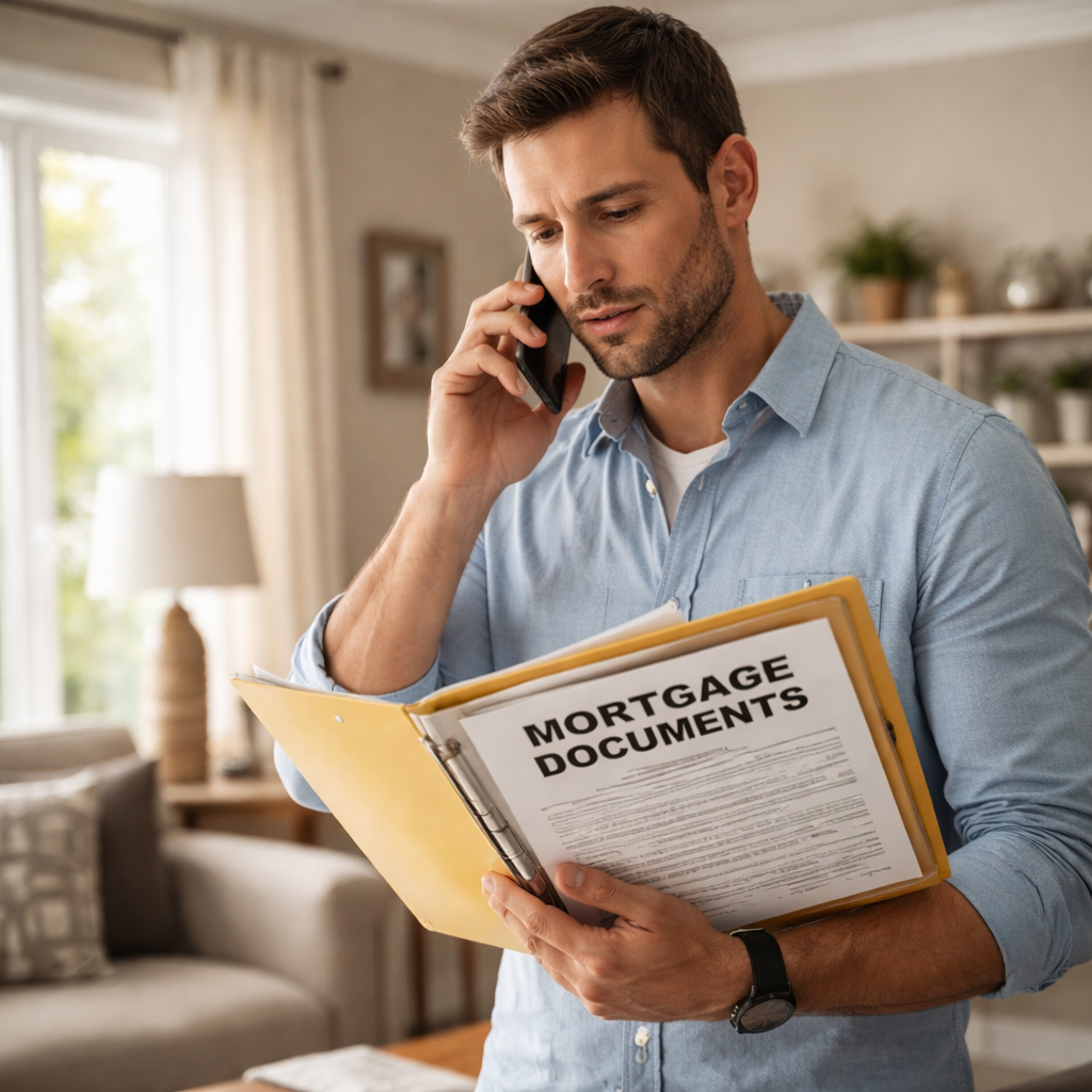 A realistic scene of a homeowner on the phone with an insurance representative, holding a folder of mortgage documents. Alt: mortgage protection insurance claim notification step