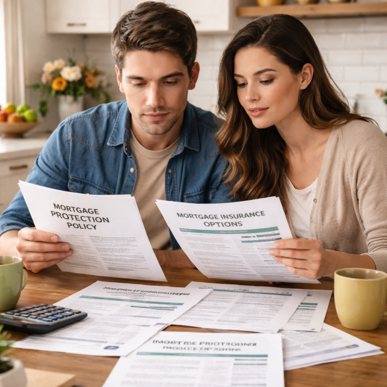 A realistic illustration of a first‑time home buyer reviewing different mortgage protection policy documents at a kitchen table. Alt: mortgage protection policy comparison for new homeowners