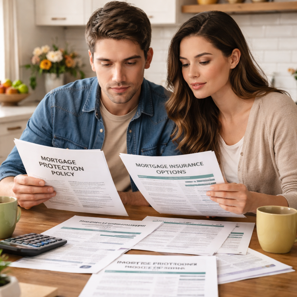A realistic illustration of a first‑time home buyer reviewing different mortgage protection policy documents at a kitchen table. Alt: mortgage protection policy comparison for new homeowners