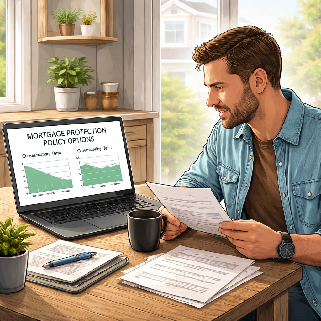A realistic illustration of a self‑employed homeowner reviewing policy options on a laptop, with charts showing decreasing‑term vs level‑benefit. Alt: mortgage protection policy comparison for self‑employed homeowners