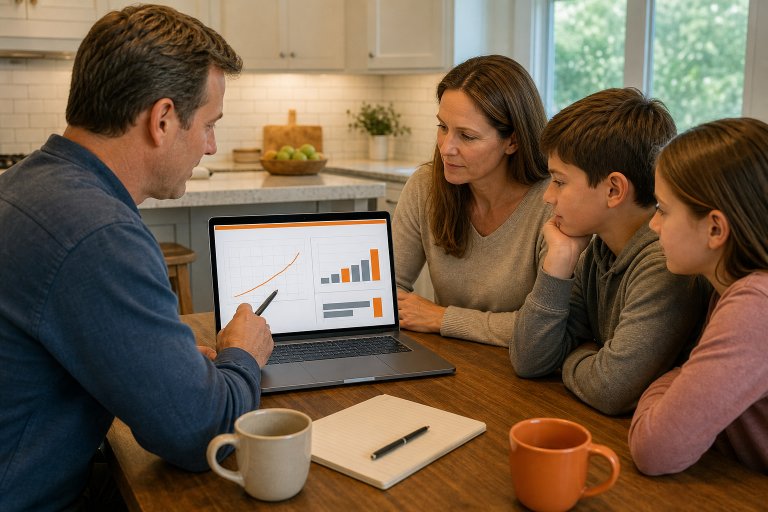 Family reviewing indexed universal life policy benefits
