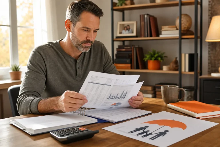 Homeowner reviewing an indexed universal life policy loan for mortgage payoff