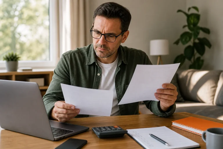 Gig worker comparing mortgage protection insurance features at home.