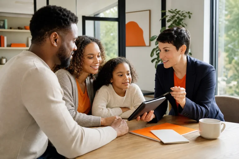 A friendly family meeting with an insurance advisor in a bright office, discussing college savings, realistic style