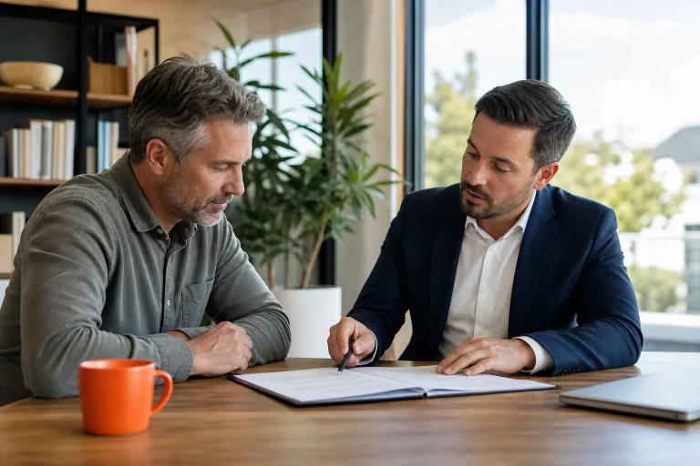 Small business owner consulting an IUL advisor