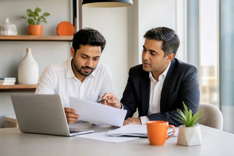Freelancer comparing group health insurance options with an insurance adviser