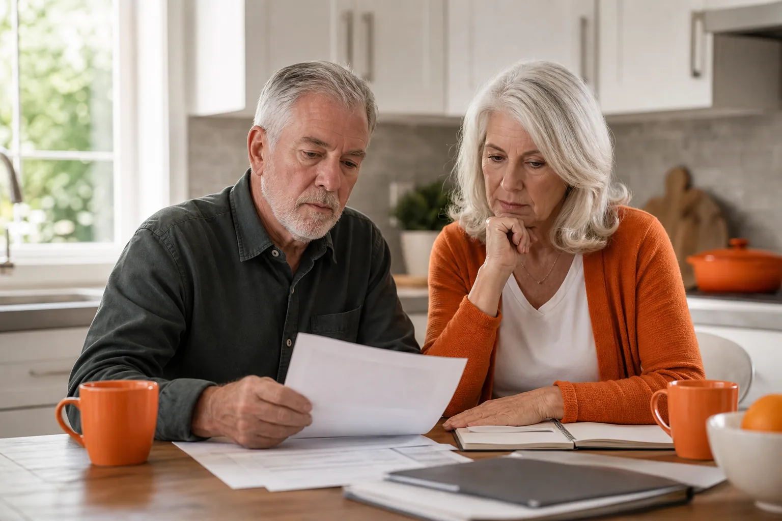 Retirees reviewing indexed universal life insurance and living benefit needs.