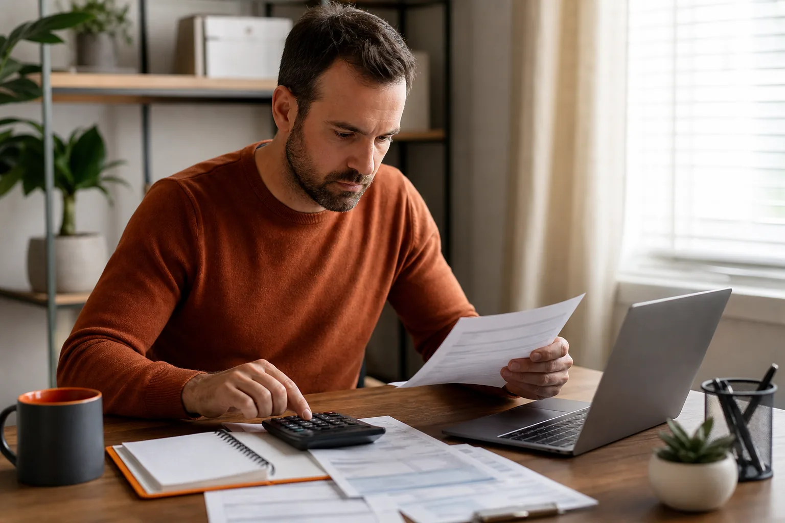 Gig worker calculating mortgage protection insurance coverage at home