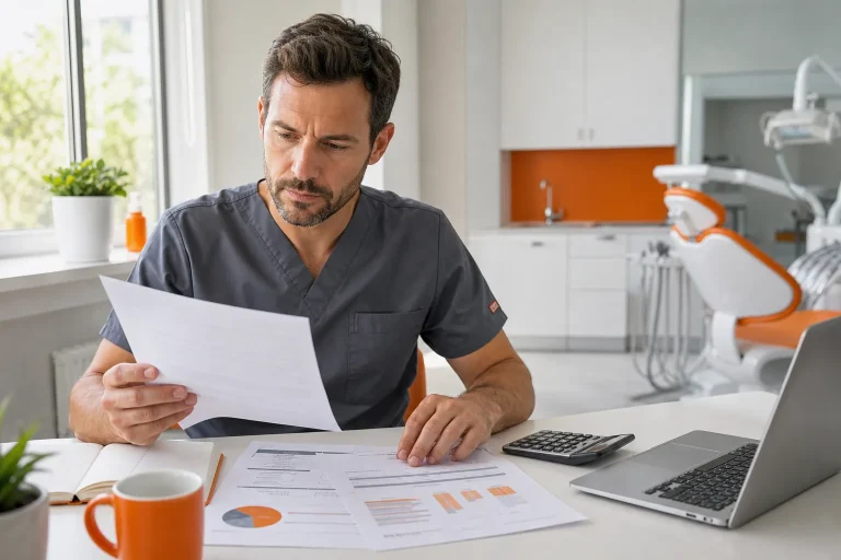 Self-employed dentist reviewing mortgage protection needs