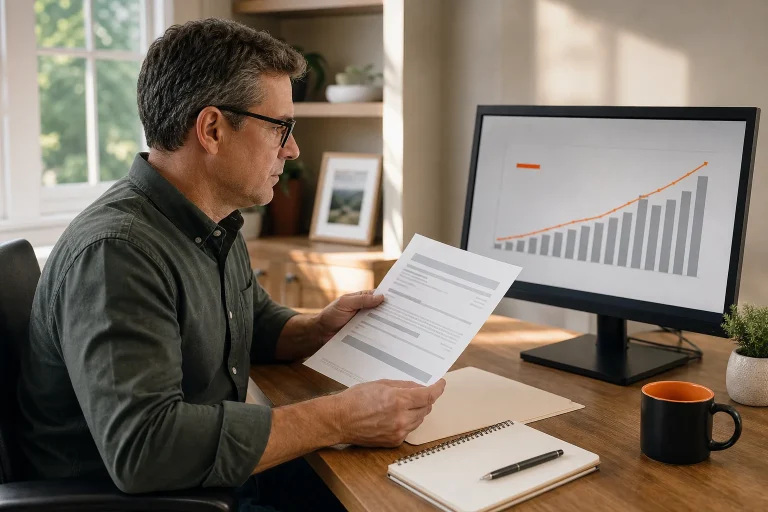 Policyholder reviewing indexed universal life cash value and annual statement.