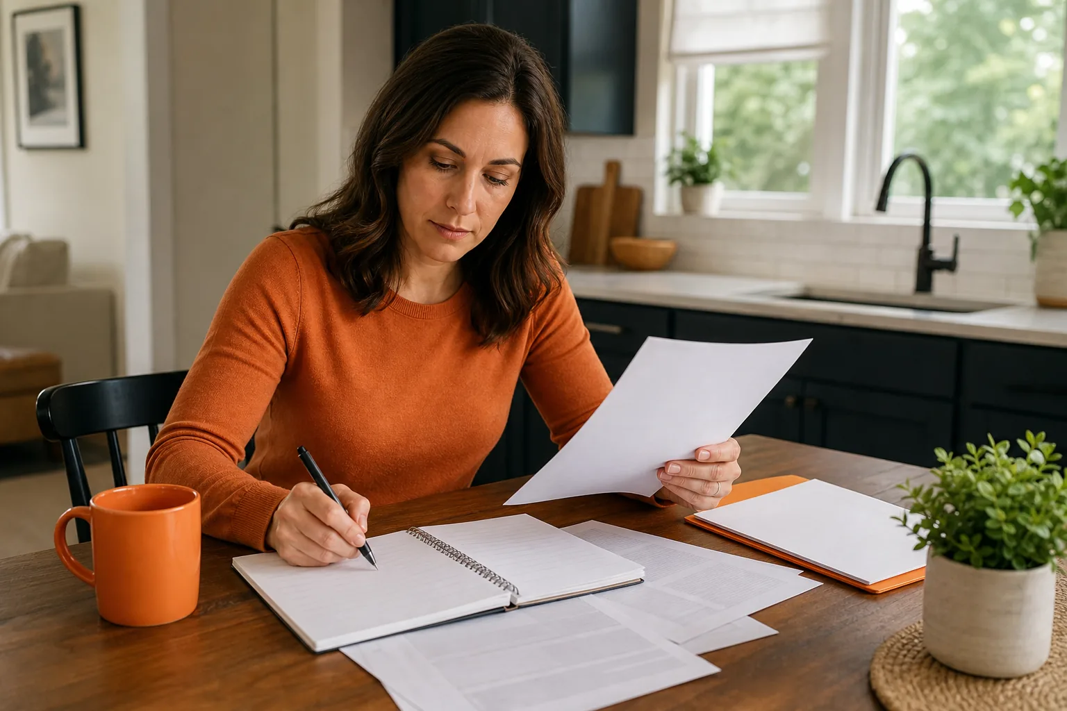 Policyholder reviewing IUL beneficiary choices and percentage shares at home.