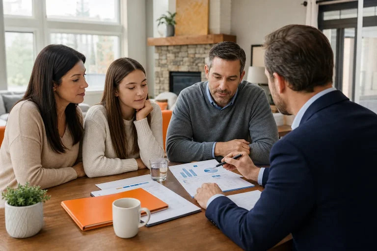Family reviewing IUL cash value, premium funding, and policy loan details.